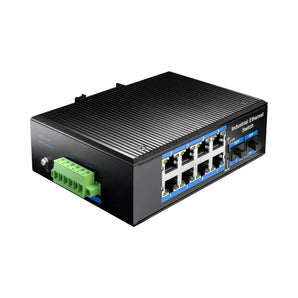 Cudy IG1008S2: 8-Port Gigabit Industrial Switch with 2 SFP ports, metal housing, and terminal block for redundant power.