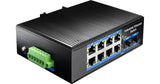 Cudy IG1008S2P 8-Port Gigabit Industrial PoE+ Switch with 2 SFP ports in a rugged, fanless, aluminum housing. Front view.