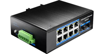 Cudy IG1008S2P 8-Port Gigabit Industrial PoE+ Switch with 2 SFP ports in a rugged, fanless, aluminum housing. Front view.