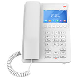 Grandstream GHP630 hotel phone, white, with a 3.5'' color LCD screen displaying phone options. Designed for 2 lines with speed dial buttons.