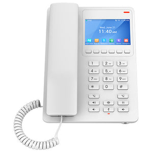 Grandstream GHP630 hotel phone, white, with a 3.5'' color LCD screen displaying phone options. Designed for 2 lines with speed dial buttons.