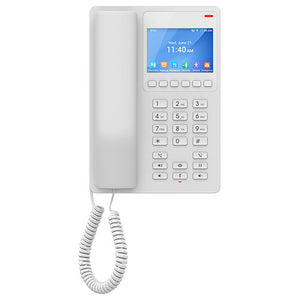 Grandstream GHP630 hotel phone, white, with a 3.5'' color LCD screen displaying phone options. Designed for 2 lines with speed dial buttons.