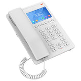 Grandstream GHP630 hotel phone, white, with a 3.5'' color LCD screen displaying phone options. Designed for 2 lines with speed dial buttons.