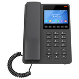 Grandstream GHP631 black hotel phone with a 3.5'' color LCD screen, designed for easy guest communication and hotel integration.
