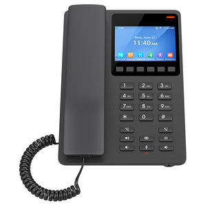 Grandstream GHP631 black hotel phone with a 3.5'' color LCD screen, designed for easy guest communication and hotel integration.