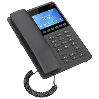 Grandstream GHP631 black hotel phone with a 3.5'' color LCD screen, designed for easy guest communication and hotel integration.