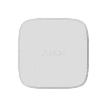 White AJAX LifeQuality smart air quality monitor displaying temperature, humidity, and CO2 levels wirelessly.