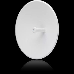 Ubiquiti PowerBeam 5AC 620, a 5GHz radio with a dish reflector and PoE injector for long-range wireless connections.