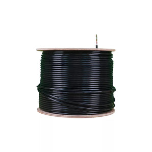 Black 305m roll of Essential CAT6 UV-protected outdoor ethernet cable. Solid copper SF/TP for reliable data transmission.