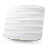 TP-Link EAP110 access point mounted on a white ceiling. Provides N300 wireless coverage and supports PoE for easy installation.