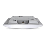 TP-Link EAP110 access point mounted on a white ceiling. Provides N300 wireless coverage and supports PoE for easy installation.