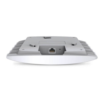 TP-Link EAP110 access point mounted on a white ceiling. Provides N300 wireless coverage and supports PoE for easy installation.