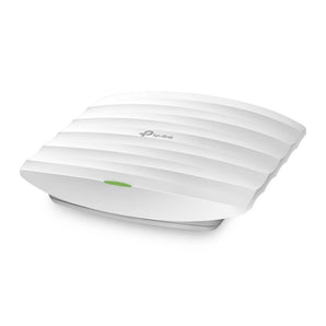 TP-Link EAP110 access point mounted on a white ceiling. Provides N300 wireless coverage and supports PoE for easy installation.