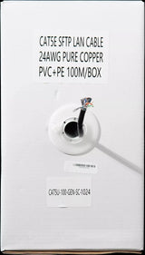 Black 100m CAT5 UV-protected outdoor Ethernet cable, solid copper SF/TP, in pull box for easy wiring and network setup.