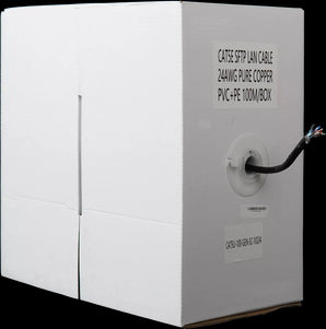 Black 100m CAT5 UV-protected outdoor Ethernet cable, solid copper SF/TP, in pull box for easy wiring and network setup.