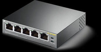 TP-Link TL-SF1005P 5-Port desktop switch with 4 PoE+ ports. Provides both data and power over Ethernet for compatible devices.