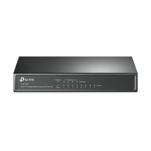 TP-Link TL-SF1008P: 8-port desktop switch with 4 PoE+ ports for powering devices like IP cameras and phones over Ethernet.