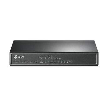 TP-Link TL-SF1008P: 8-port desktop switch with 4 PoE+ ports for powering devices like IP cameras and phones over Ethernet.