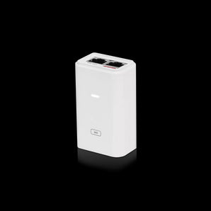 Ubiquiti Gigabit 24V 7W PoE Adapter with Gigabit LAN port and reset button for powering access points and other PoE devices.