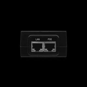 Ubiquiti 48V 24W PoE adapter (POE-48-24W). Delivers power and data over Ethernet for Ubiquiti devices; white rectangular casing.
