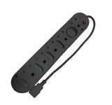 Black Acconet 10-Way Multiplug with South African 16A, 2-pin 5A, and round 5A sockets for versatile power distribution.
