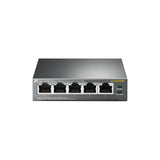 TP-Link TL-SG1005P: 5-Port Gigabit Desktop Switch with 4 PoE+ ports. Black, compact design for easy network expansion and power delivery.