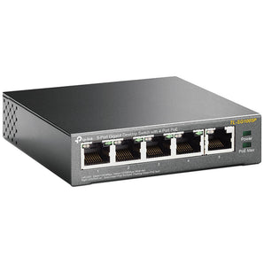 TP-Link TL-SG1005P: 5-Port Gigabit Desktop Switch with 4 PoE+ ports. Black, compact design for easy network expansion and power delivery.