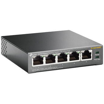 TP-Link TL-SG1005P: 5-Port Gigabit Desktop Switch with 4 PoE+ ports. Black, compact design for easy network expansion and power delivery.