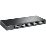 TP-Link TL-SG1048: 48-port gigabit rackmount switch in a black, 1U steel case with RJ45 ports for efficient network connectivity.