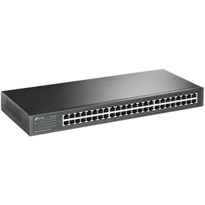 TP-Link TL-SG1048: 48-port gigabit rackmount switch in a black, 1U steel case with RJ45 ports for efficient network connectivity.