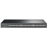 TP-Link TL-SG1048: 48-port gigabit rackmount switch in a black, 1U steel case with RJ45 ports for efficient network connectivity.