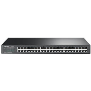TP-Link TL-SG1048: 48-port gigabit rackmount switch in a black, 1U steel case with RJ45 ports for efficient network connectivity.