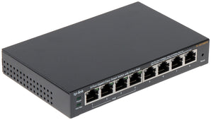 TP-Link TL-SG108PE: 8-port Gigabit Easy Smart PoE switch, sturdy metal housing, with 4 PoE+ ports providing up to 64W power. Fanless design.