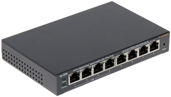 TP-Link TL-SG108PE: 8-port Gigabit Easy Smart PoE switch, sturdy metal housing, with 4 PoE+ ports providing up to 64W power. Fanless design.