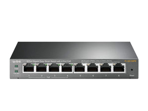 TP-Link TL-SG108PE: 8-port Gigabit Easy Smart PoE switch, sturdy metal housing, with 4 PoE+ ports providing up to 64W power. Fanless design.