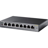 TP-Link TL-SG108PE: 8-port Gigabit Easy Smart PoE switch, sturdy metal housing, with 4 PoE+ ports providing up to 64W power. Fanless design.