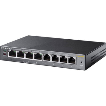 TP-Link TL-SG108PE: 8-port Gigabit Easy Smart PoE switch, sturdy metal housing, with 4 PoE+ ports providing up to 64W power. Fanless design.