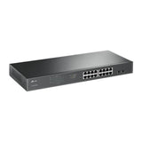 TP-Link Omada TL-SG1218MPE: 20-port Gigabit switch with 16 PoE+ ports and 2 SFP slots, rack-mountable for easy network expansion.