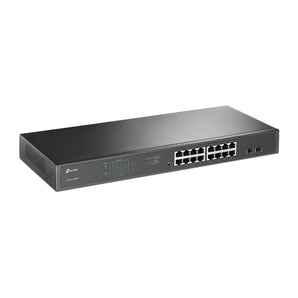 TP-Link Omada TL-SG1218MPE: 20-port Gigabit switch with 16 PoE+ ports and 2 SFP slots, rack-mountable for easy network expansion.