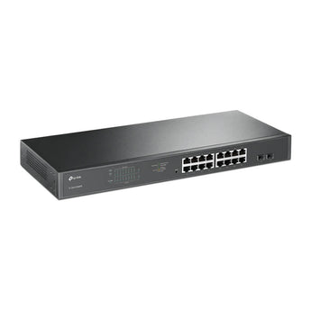 TP-Link Omada TL-SG1218MPE: 20-port Gigabit switch with 16 PoE+ ports and 2 SFP slots, rack-mountable for easy network expansion.