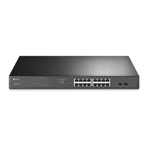 TP-Link Omada TL-SG1218MPE: 20-port Gigabit switch with 16 PoE+ ports and 2 SFP slots, rack-mountable for easy network expansion.