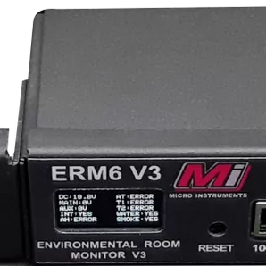 Micro Instruments MI-SNSR-ERM-6 rack mount server room environmental monitor with LCD display and sensor inputs.
