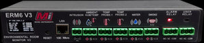 Micro Instruments MI-SNSR-ERM-6 rack mount server room environmental monitor with LCD display and sensor inputs.