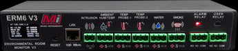 Micro Instruments MI-SNSR-ERM-6 rack mount server room environmental monitor with LCD display and sensor inputs.