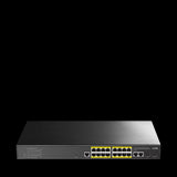 Cudy GS2018PS2-200W: 16-port managed Gigabit PoE+ switch with 2 Gigabit uplink ports and 2 Gigabit SFP slots. Black, rack-mountable.