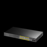 Cudy GS2018PS2-200W: 16-port managed Gigabit PoE+ switch with 2 Gigabit uplink ports and 2 Gigabit SFP slots. Black, rack-mountable.