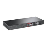 TP-Link TL-SL1218MP: 16-Port PoE+ switch with two Gigabit RJ45 ports and two combo Gigabit SFP slots in a rackmount design.