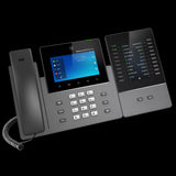 Grandstream GXV3350: 16-line enterprise video phone with touchscreen, Gigabit ports, Wi-Fi, Bluetooth, and Android interface.
