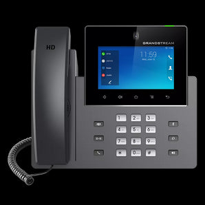 Grandstream GXV3350: 16-line enterprise video phone with touchscreen, Gigabit ports, Wi-Fi, Bluetooth, and Android interface.
