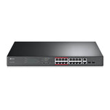 TP-Link TL-SL1218MP: 16-Port PoE+ switch with two Gigabit RJ45 ports and two combo Gigabit SFP slots in a rackmount design.